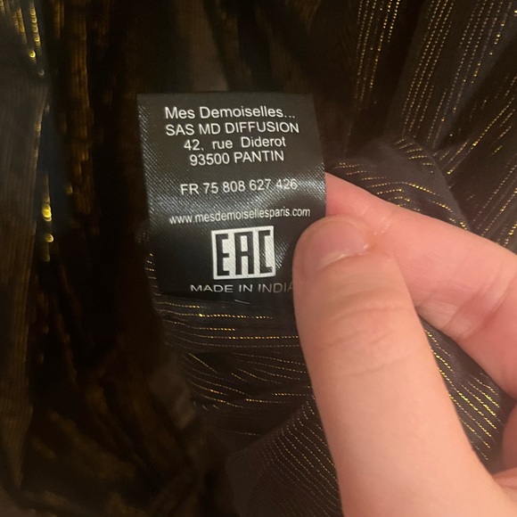 Mes Demoiselles Metallic Striped Tie Front Button Up Blouse in Black & Gold - Picture 6 of 6